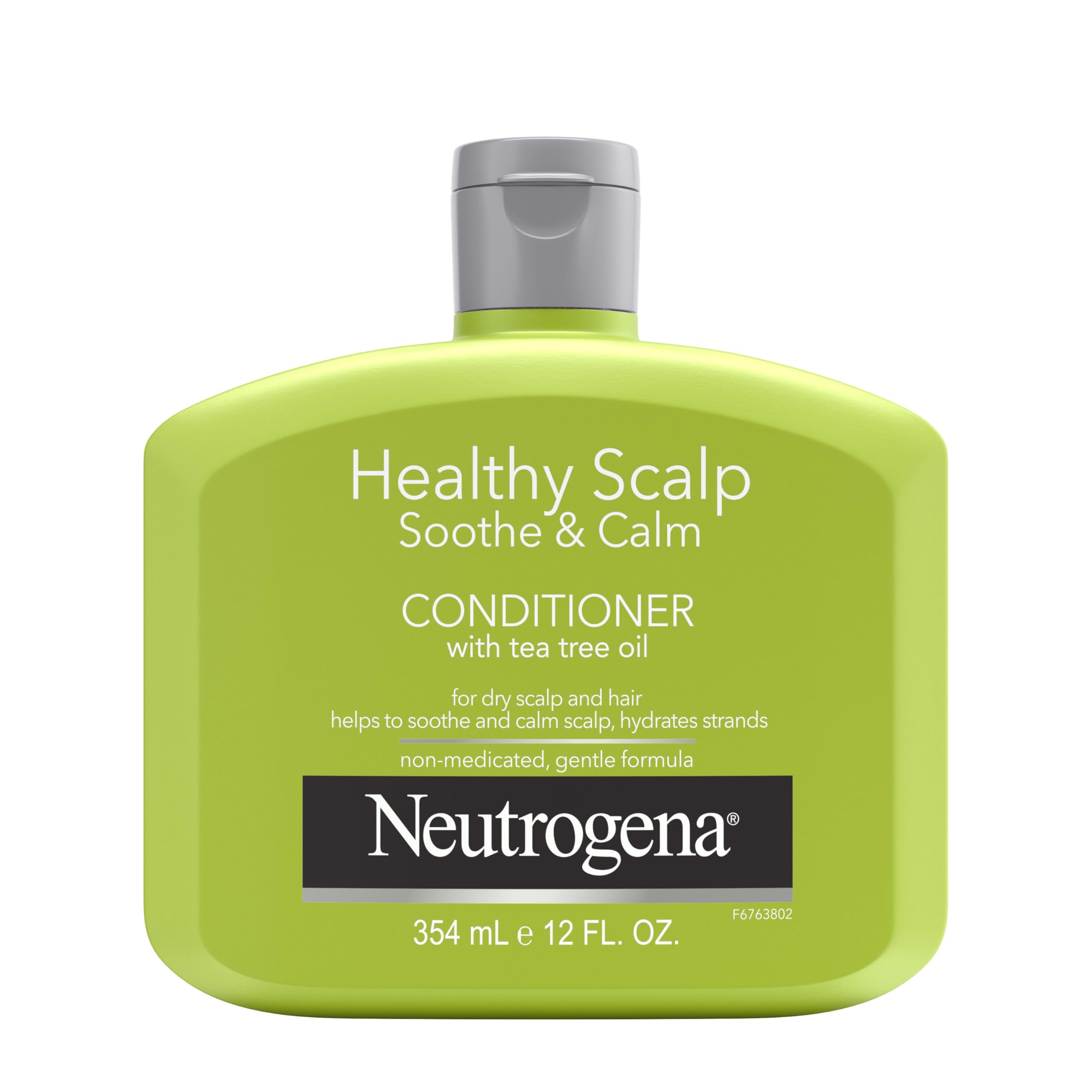 Neutrogena Tea Tree Oil Conditioner bottle pour demonstrates easy application for scalp soothing.