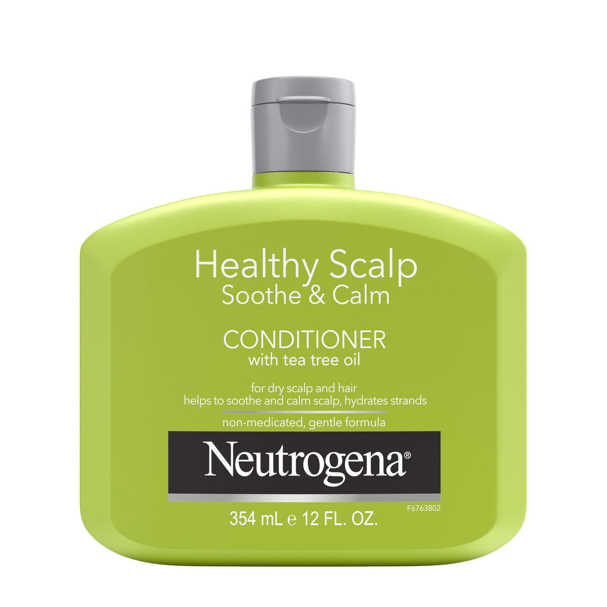 Neutrogena Tea Tree Oil Conditioner bottle pour demonstrates easy application for scalp soothing.