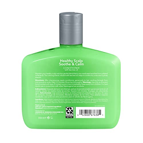Neutrogena Tea Tree Oil Conditioner label closeup highlights pH-balanced and paraben-free formula.