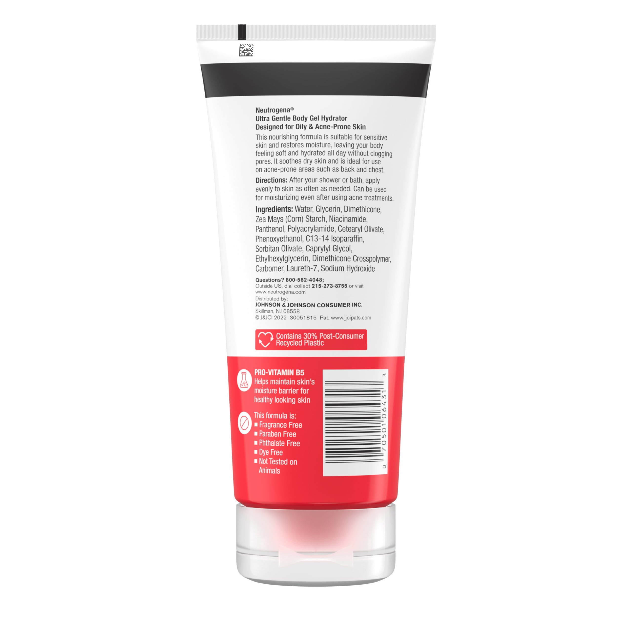 Neutrogena Ultra Gentle Body Gel Hydrator ingredients Pro-Vitamin B5 and Niacinamide support skin health.