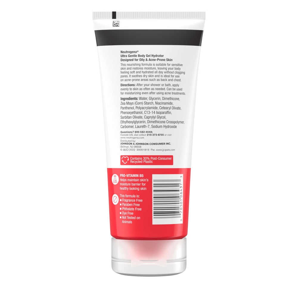 Neutrogena Ultra Gentle Body Gel Hydrator ingredients Pro-Vitamin B5 and Niacinamide support skin health.
