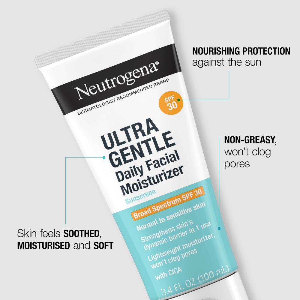Application on face of Neutrogena Ultra Gentle SPF30 moisturizer for even coverage.