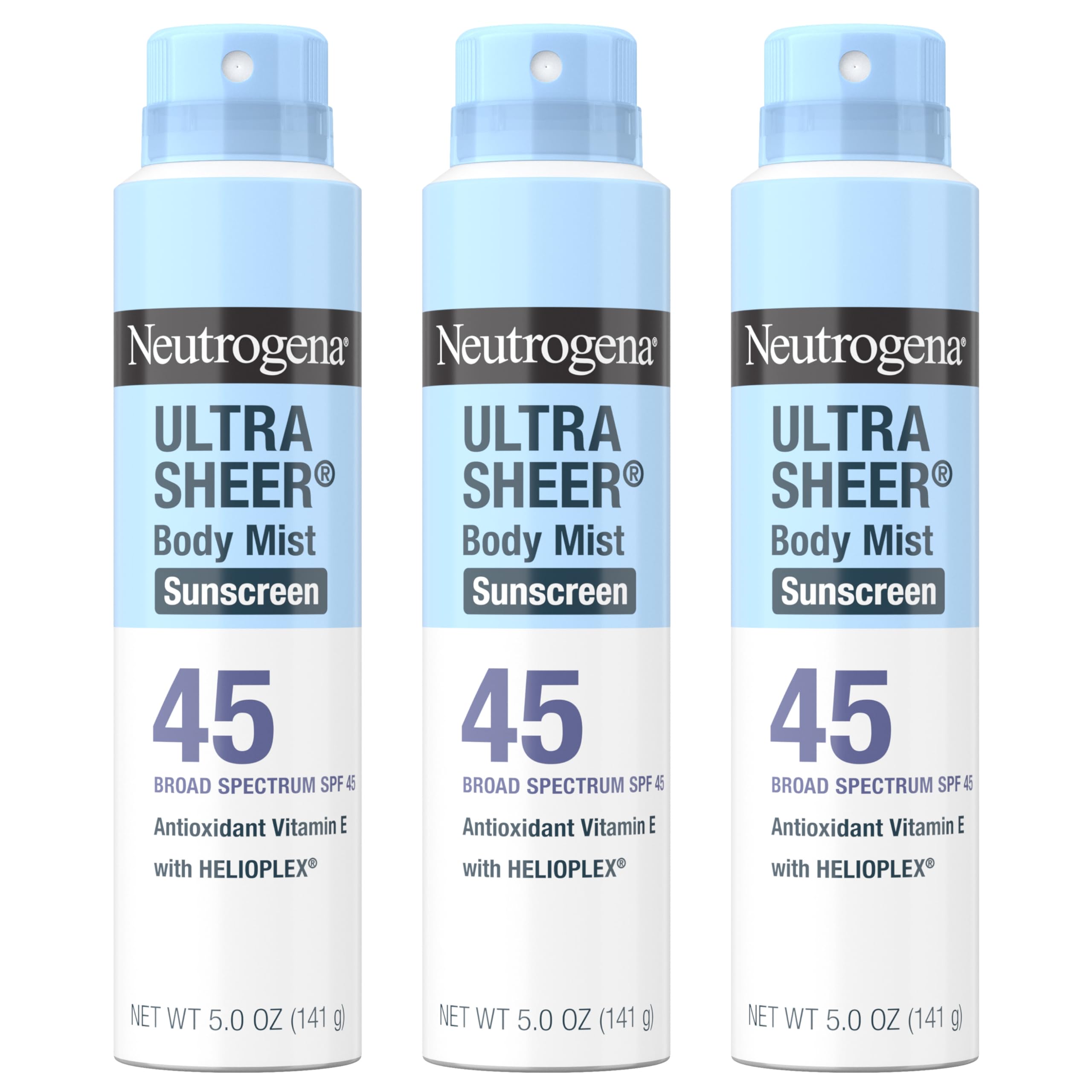 Neutrogena Ultra Sheer Body Mist SPF 45 3-pack bundle for easy coverage.