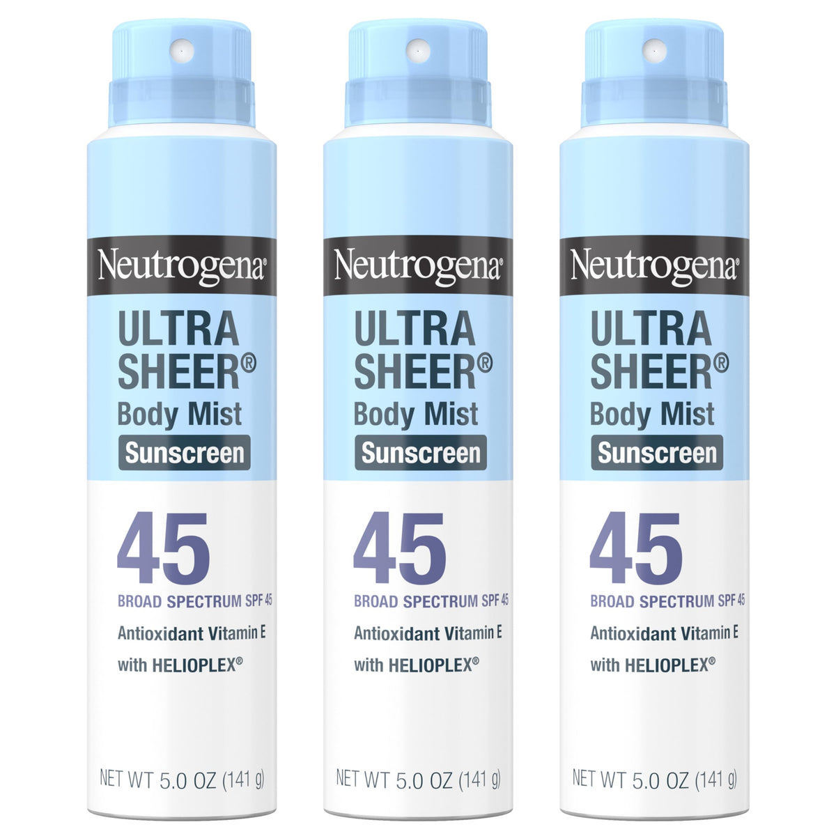 Neutrogena Ultra Sheer Body Mist SPF 45 3-pack bundle for easy coverage.