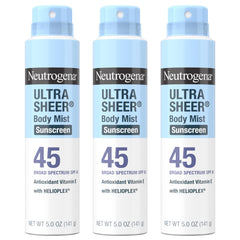 Neutrogena Ultra Sheer Body Mist SPF 45 3-pack bundle for easy coverage.