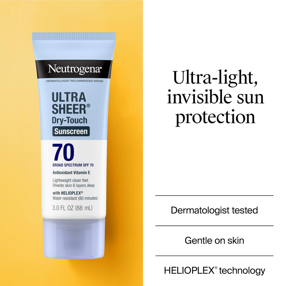 Neutrogena Ultra Sheer SPF 70 for face and body provides broad protection during outdoor activities.