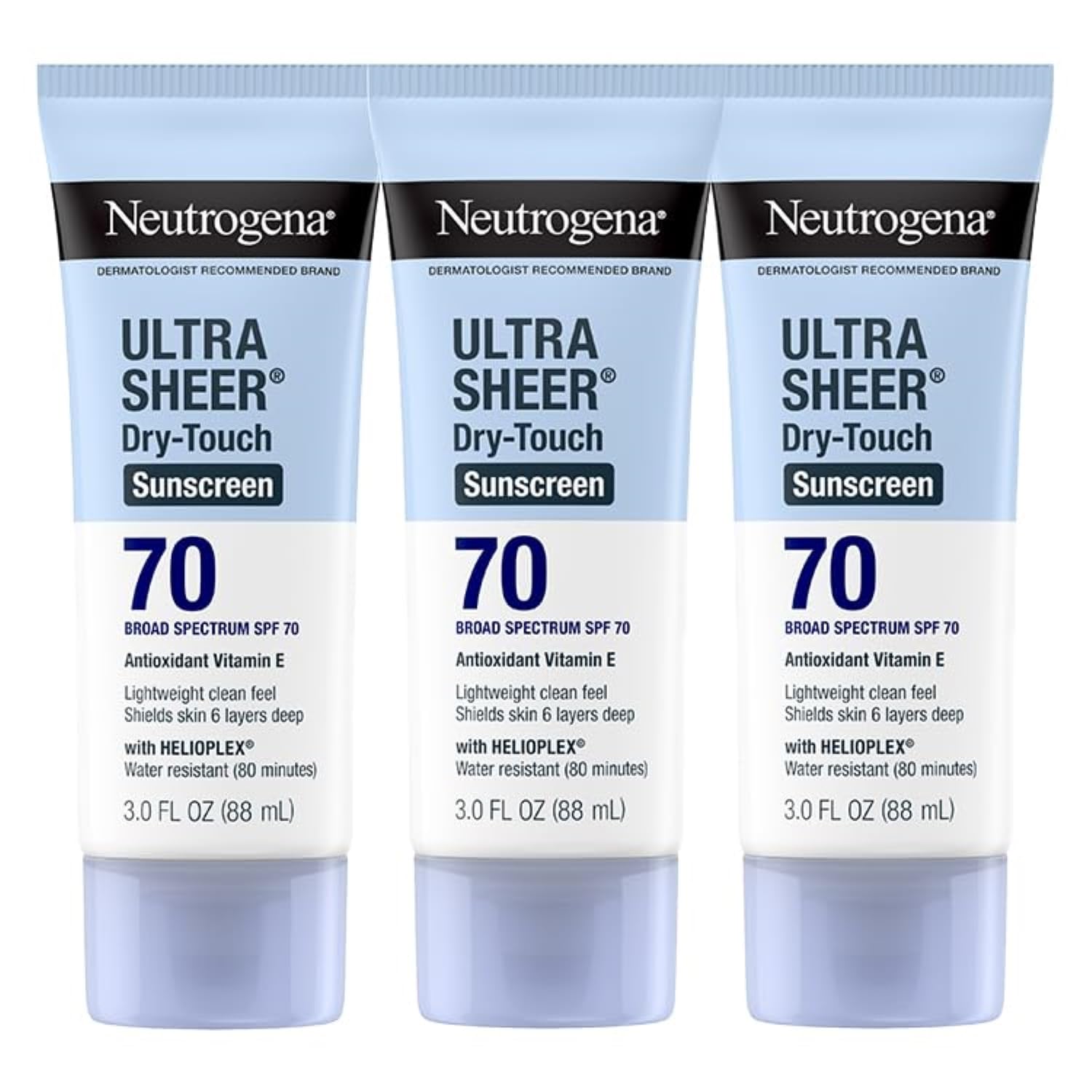 Neutrogena Ultra Sheer SPF 70 packaging shows travel-size protection for on-the-go sun care.