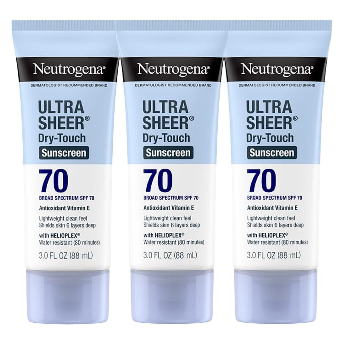 Neutrogena Ultra Sheer SPF 70 packaging shows travel-size protection for on-the-go sun care.