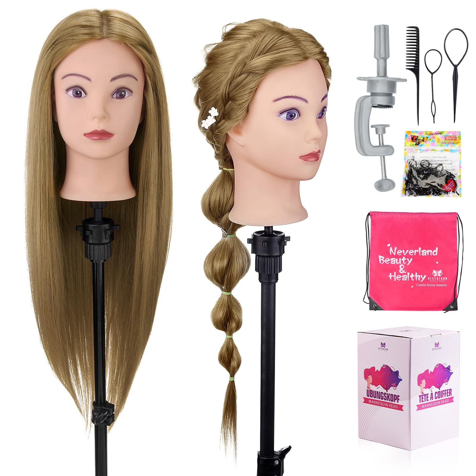 Neverland 28-inch mannequin head hair closeup shows realistic texture for styling practice