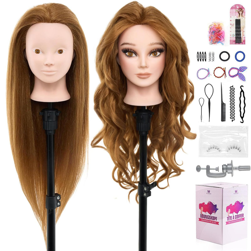 Neverland 28-inch mannequin head front view with 80% real hair for braiding practice.