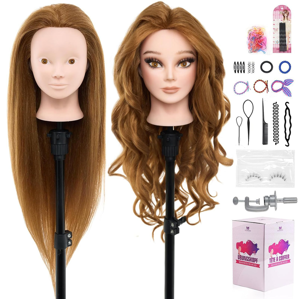 Neverland 28-inch mannequin head front view with 80% real hair for braiding practice.
