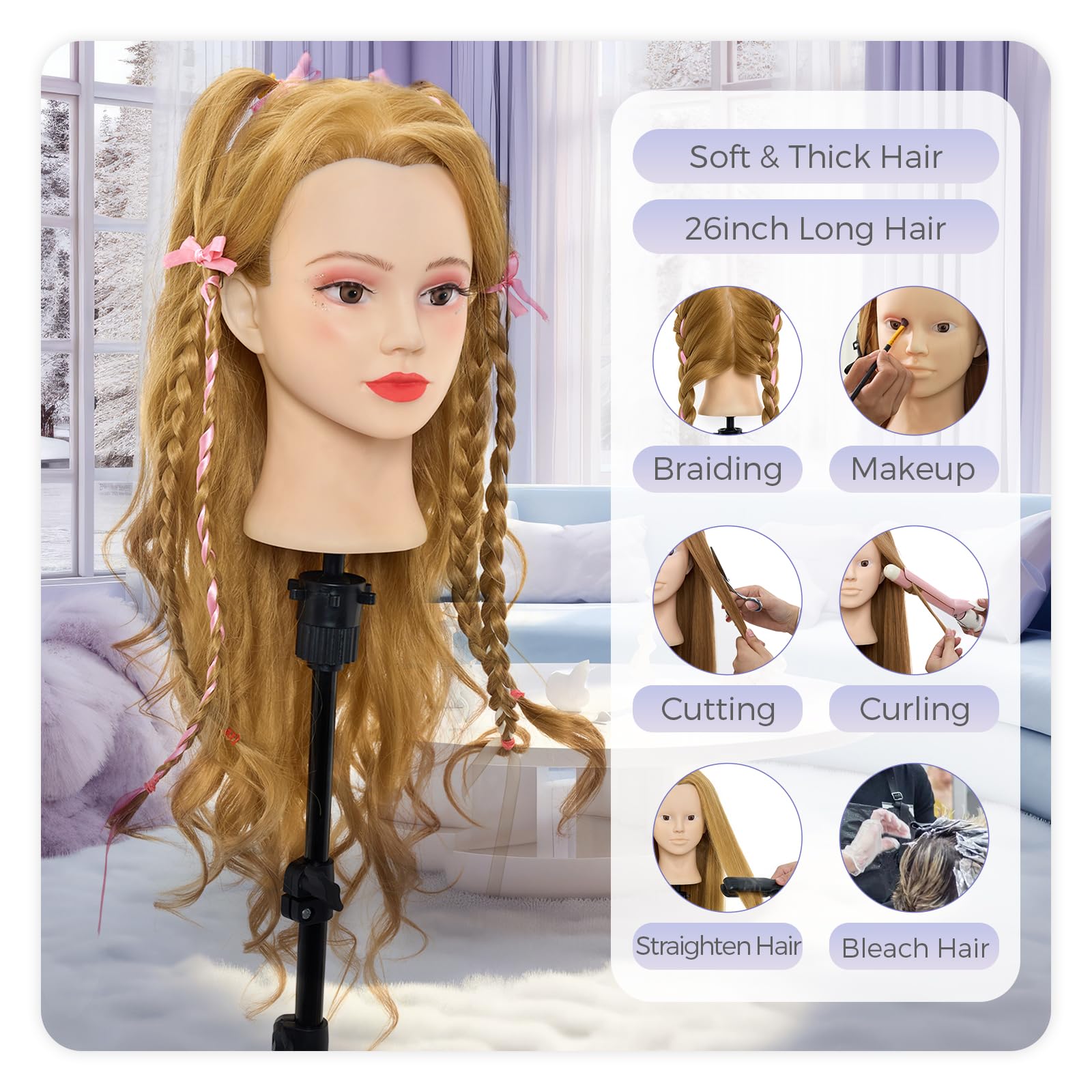 Neverland Beauty head showing realistic hair stitching for lifelike braiding sessions.