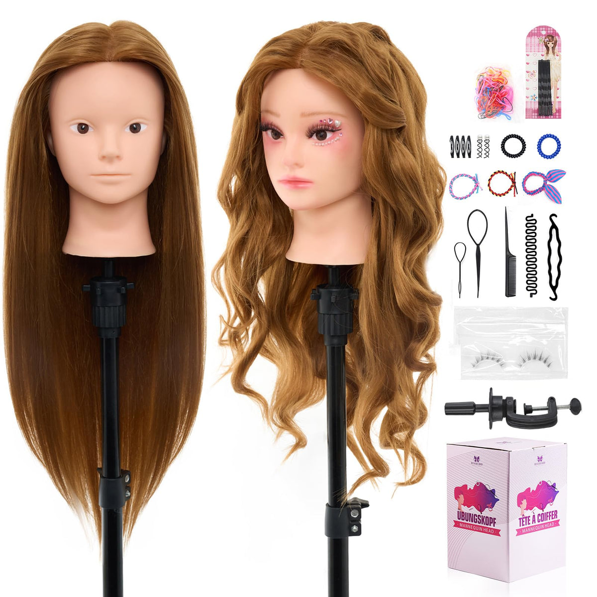 Neverland mannequin head 28in with 80% real hair offers salon-ready practice texture.