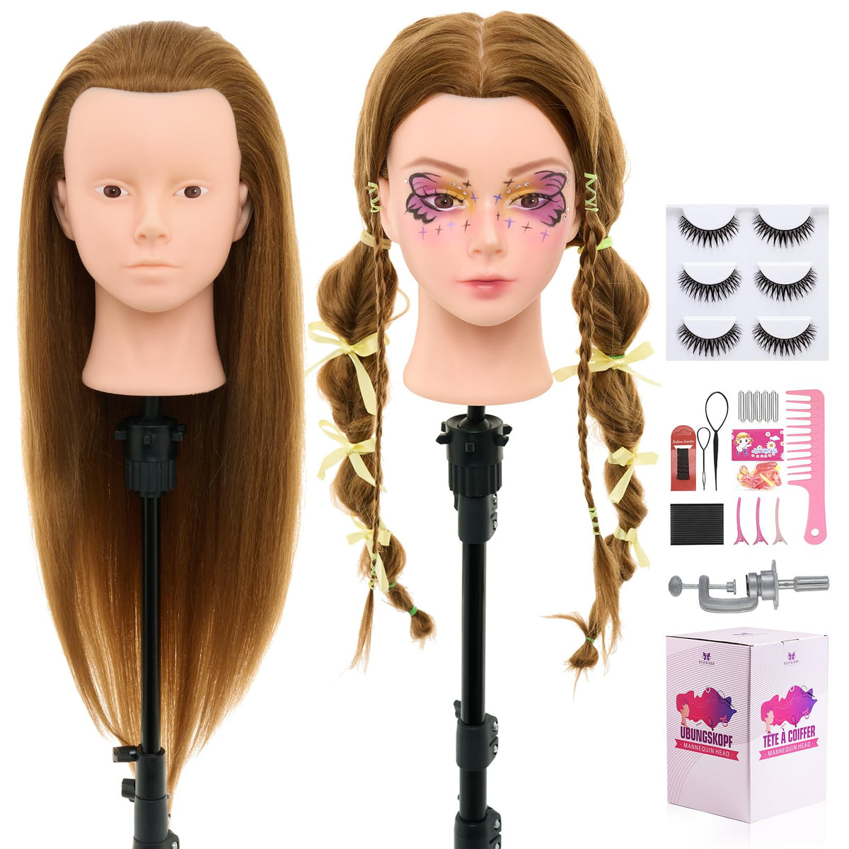 Neverland Beauty & Health 28Inch blonde mannequin head closeup shows dense real hair for versatile styling.