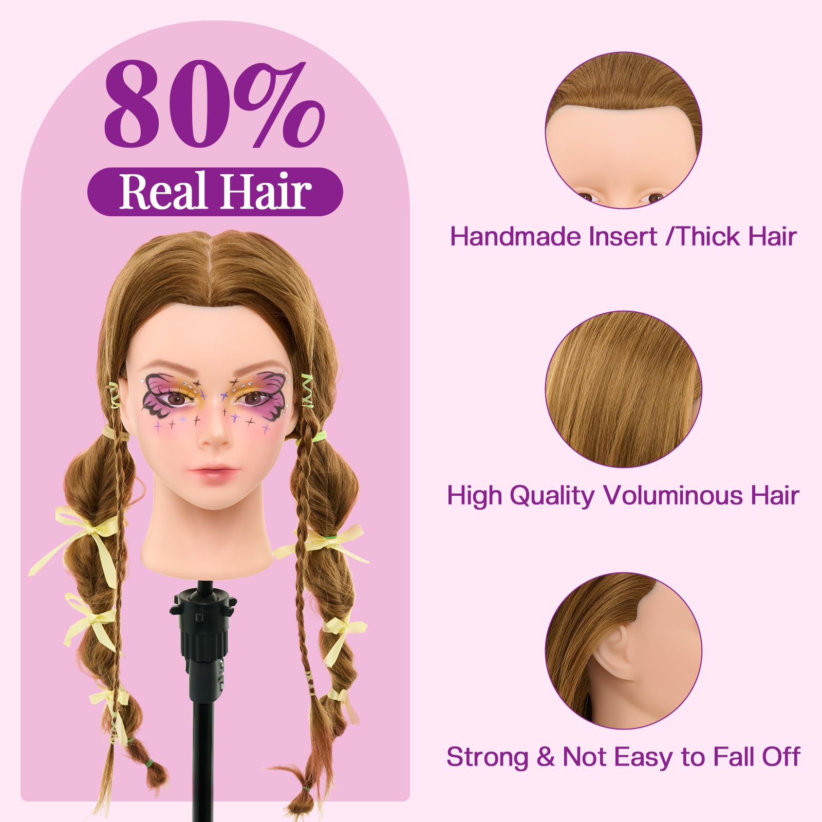 Neverland blonde mannequin head shows hair length for cut and curl practice.