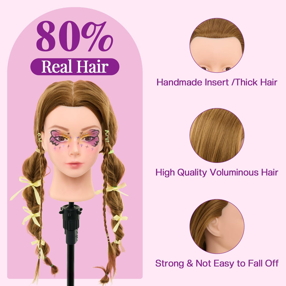 Neverland blonde mannequin head shows hair length for cut and curl practice.