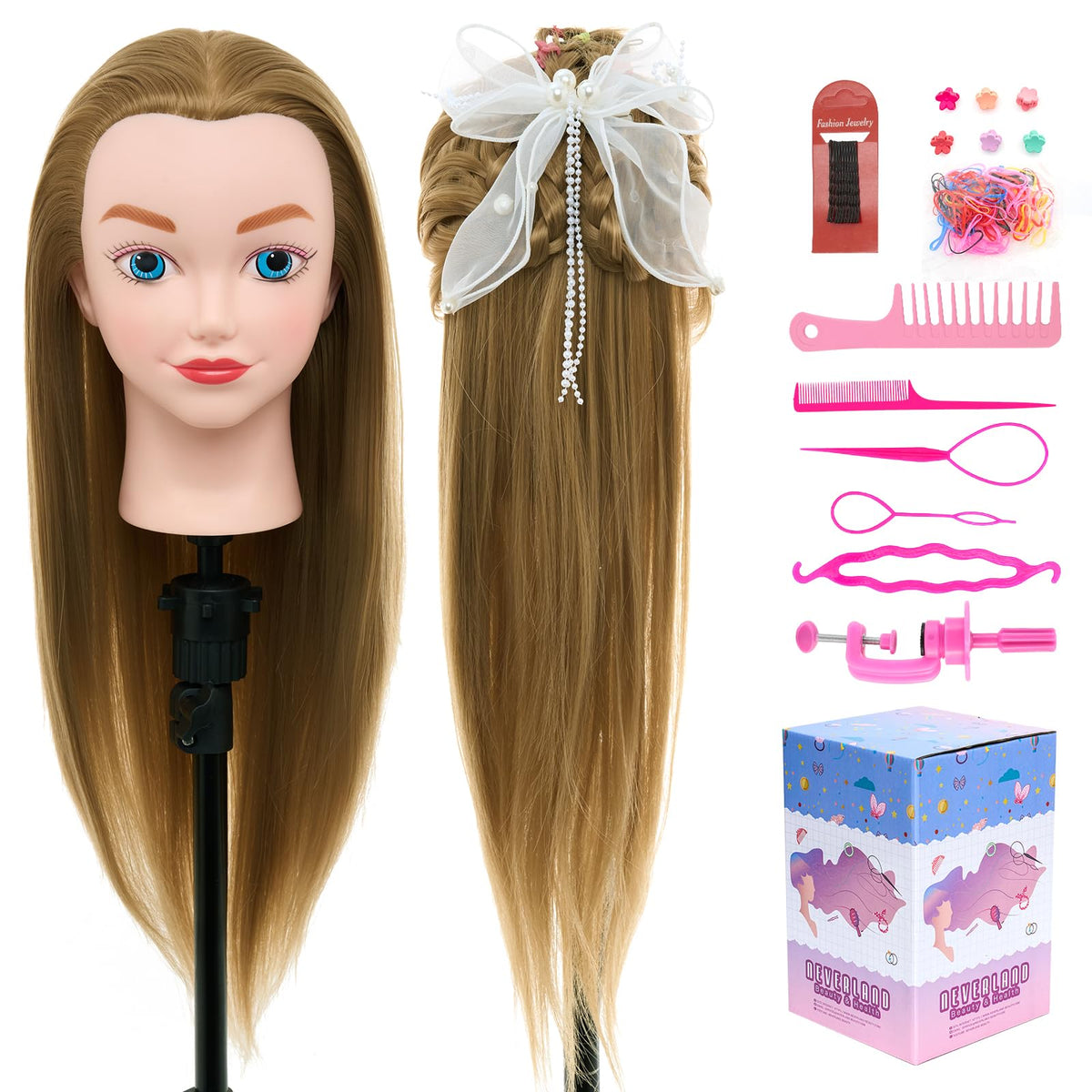 Neverland mannequin head with hair shows 20-inch length for lifelike braiding practice.