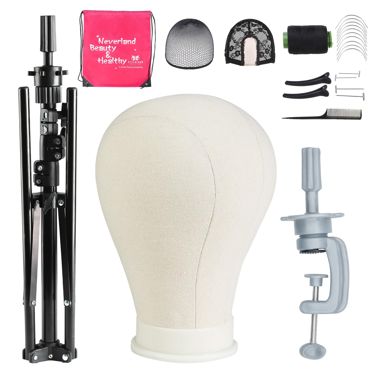 Neverland wig head stand with canvas exterior for durable styling sessions.