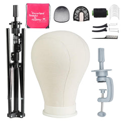 Neverland wig head stand with canvas exterior for durable styling sessions.