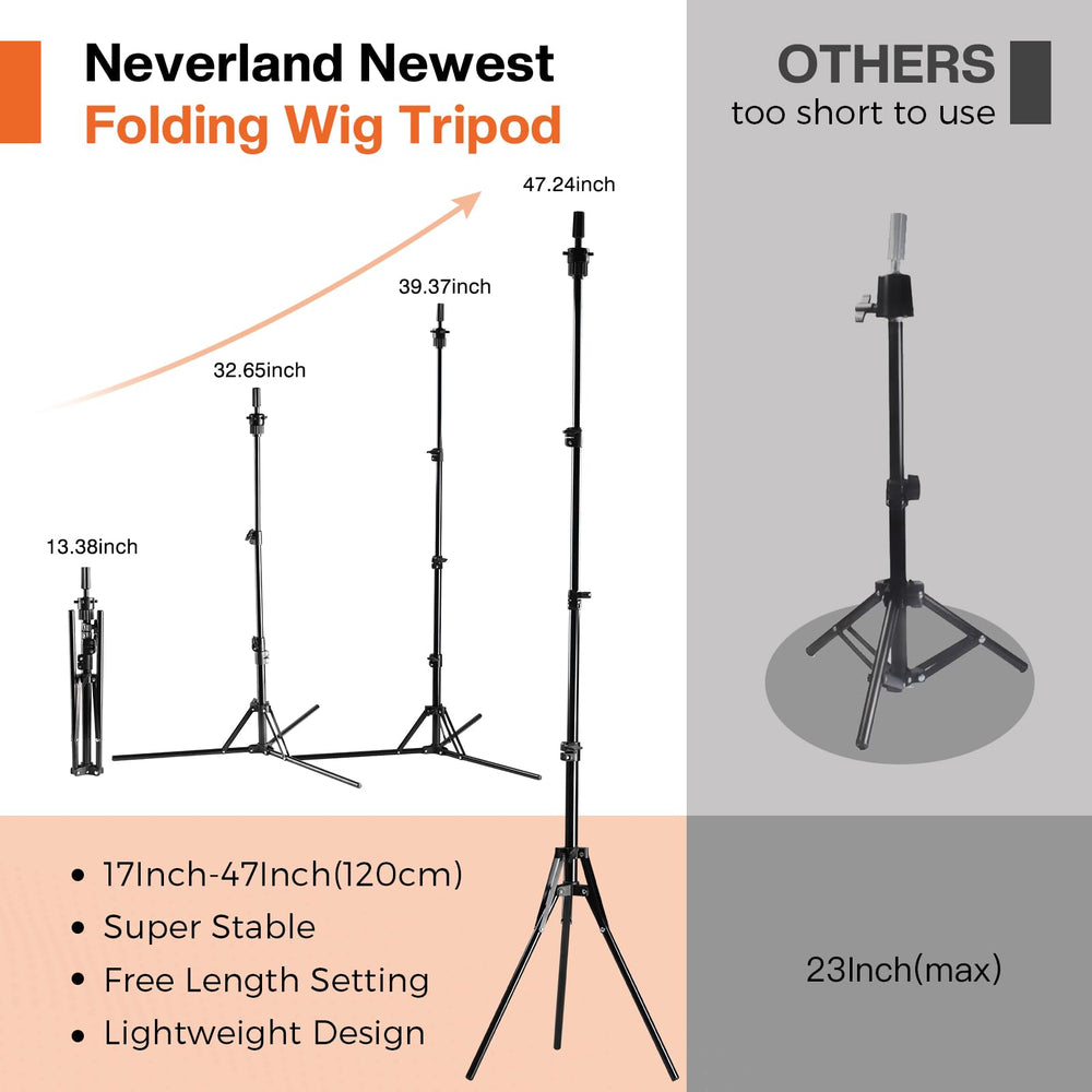Neverland wig head stand tripod ready for adjustable height and positioning.