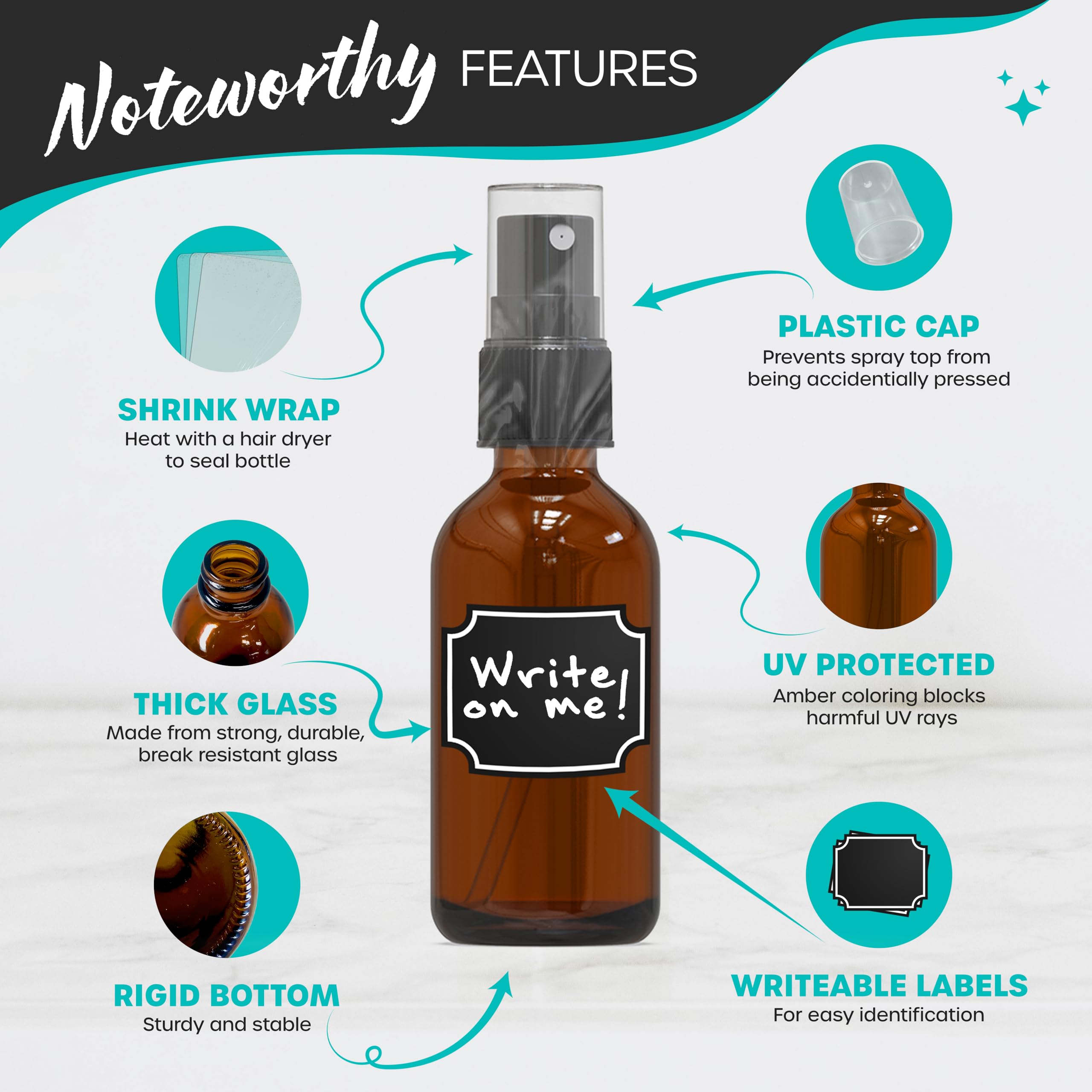 Nevlers amber glass spray bottle nozzle close-up, precise mist for even application.