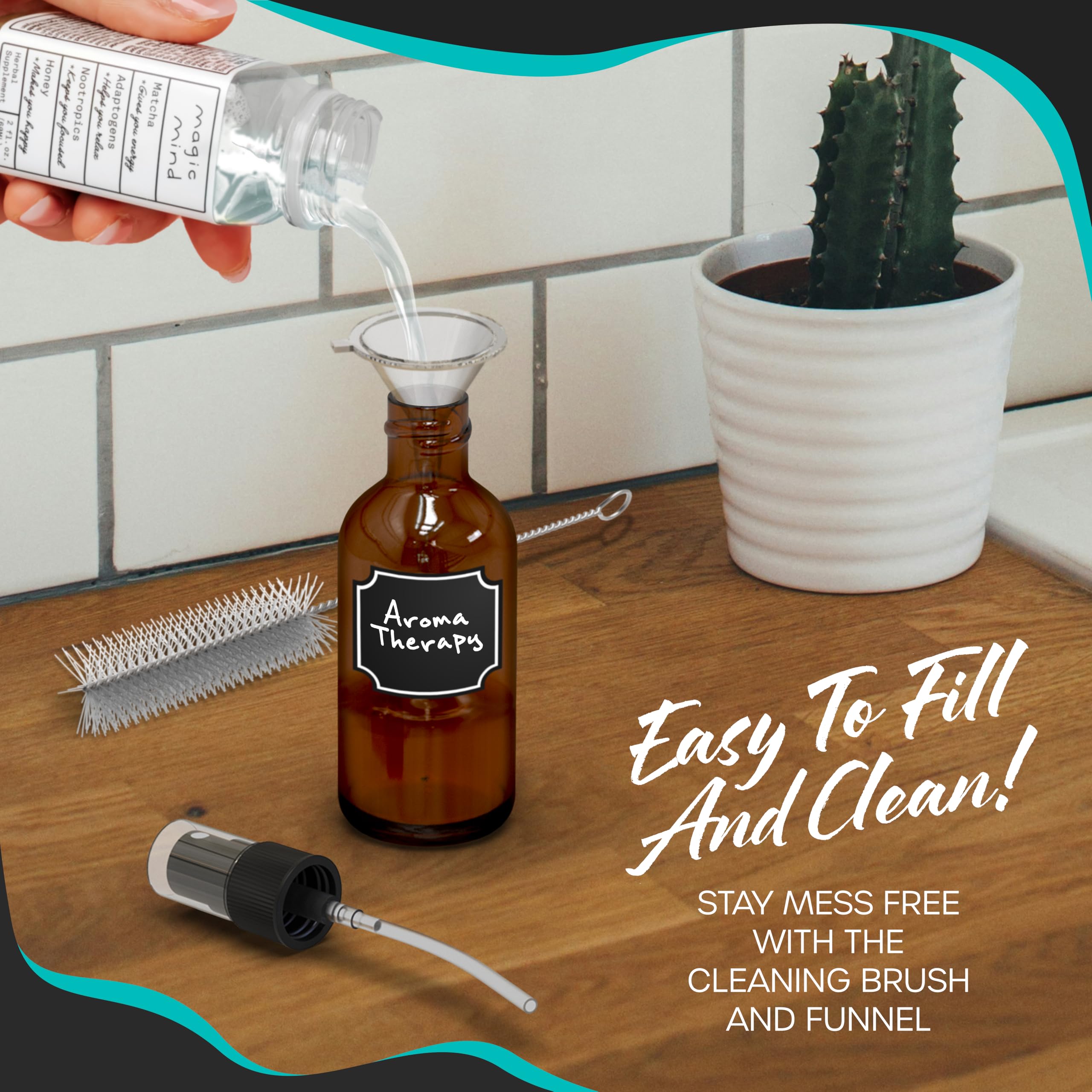 Nevlers funnel for easy refilling, spill-free transfer into 2oz amber bottles.