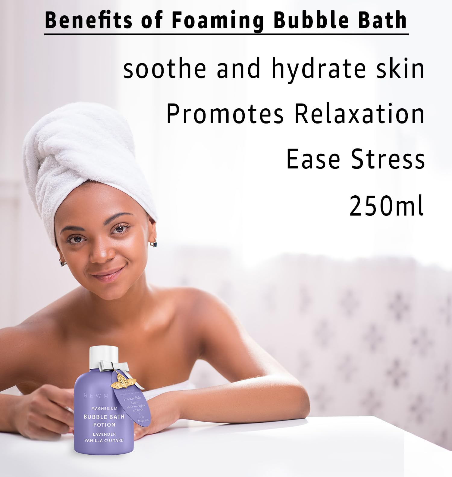 New Miuz bubble bath foam closeup highlighting rich lather for luxurious soak.