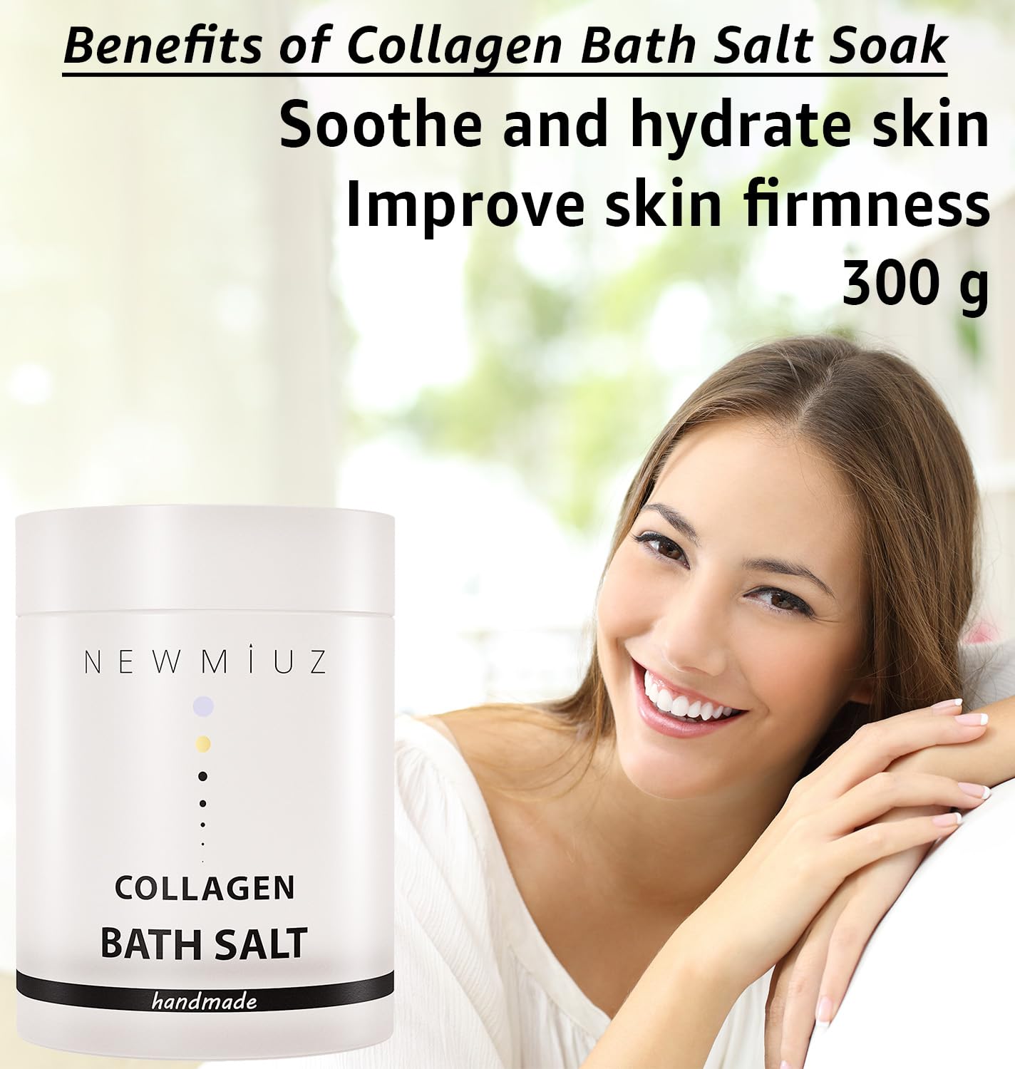 New Miuz Collagen Bath Salt pours into water for relaxing bubbles.