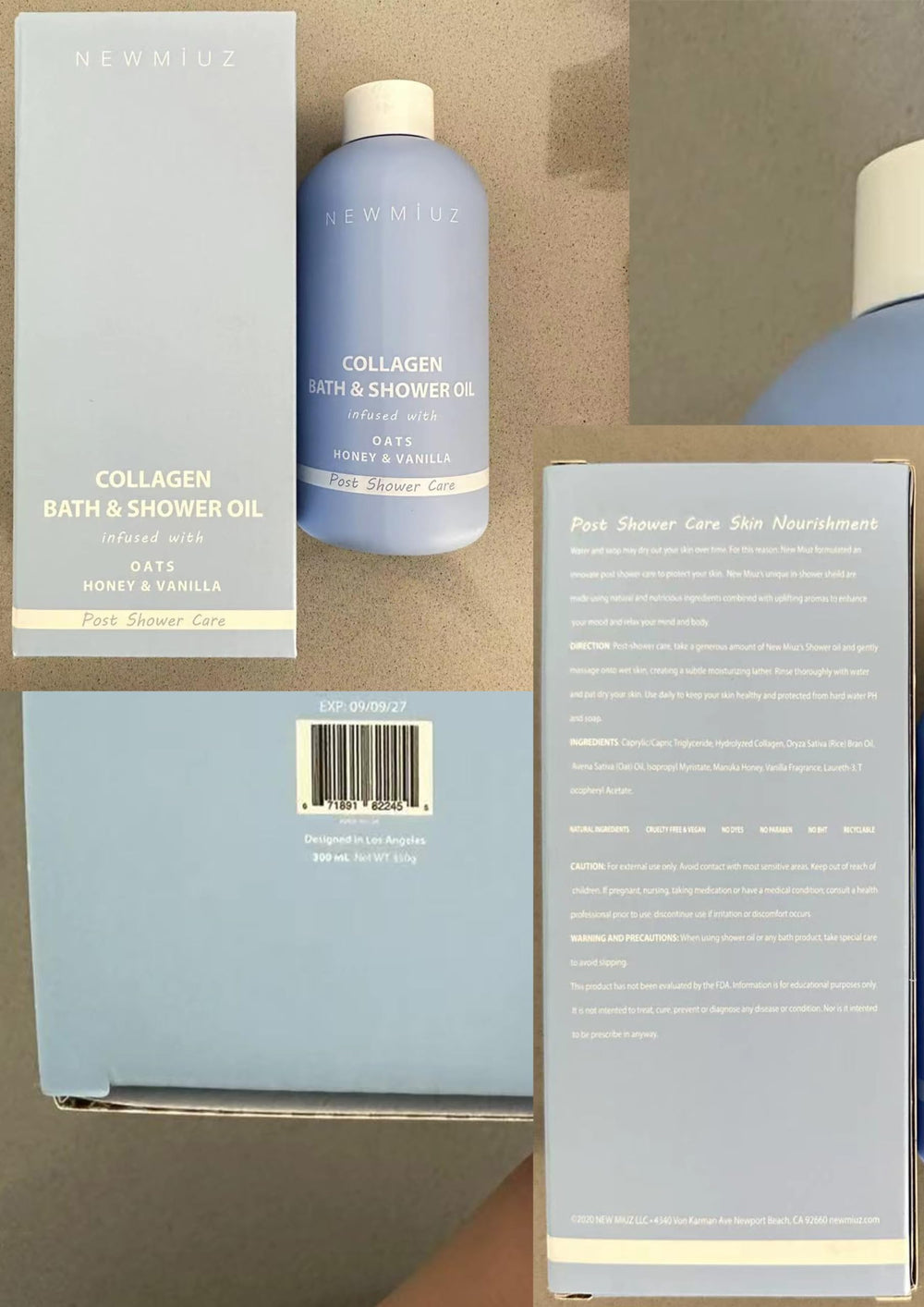 New Miuz Collagen InShower bottle with ingredients text communicates vegan cruelty-free care