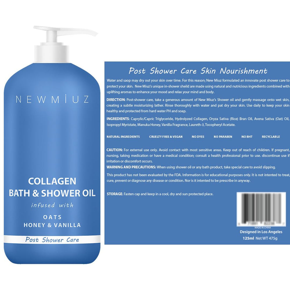 New Miuz Collagen InShower ingredients collage highlights collagen and oats for nourishing care