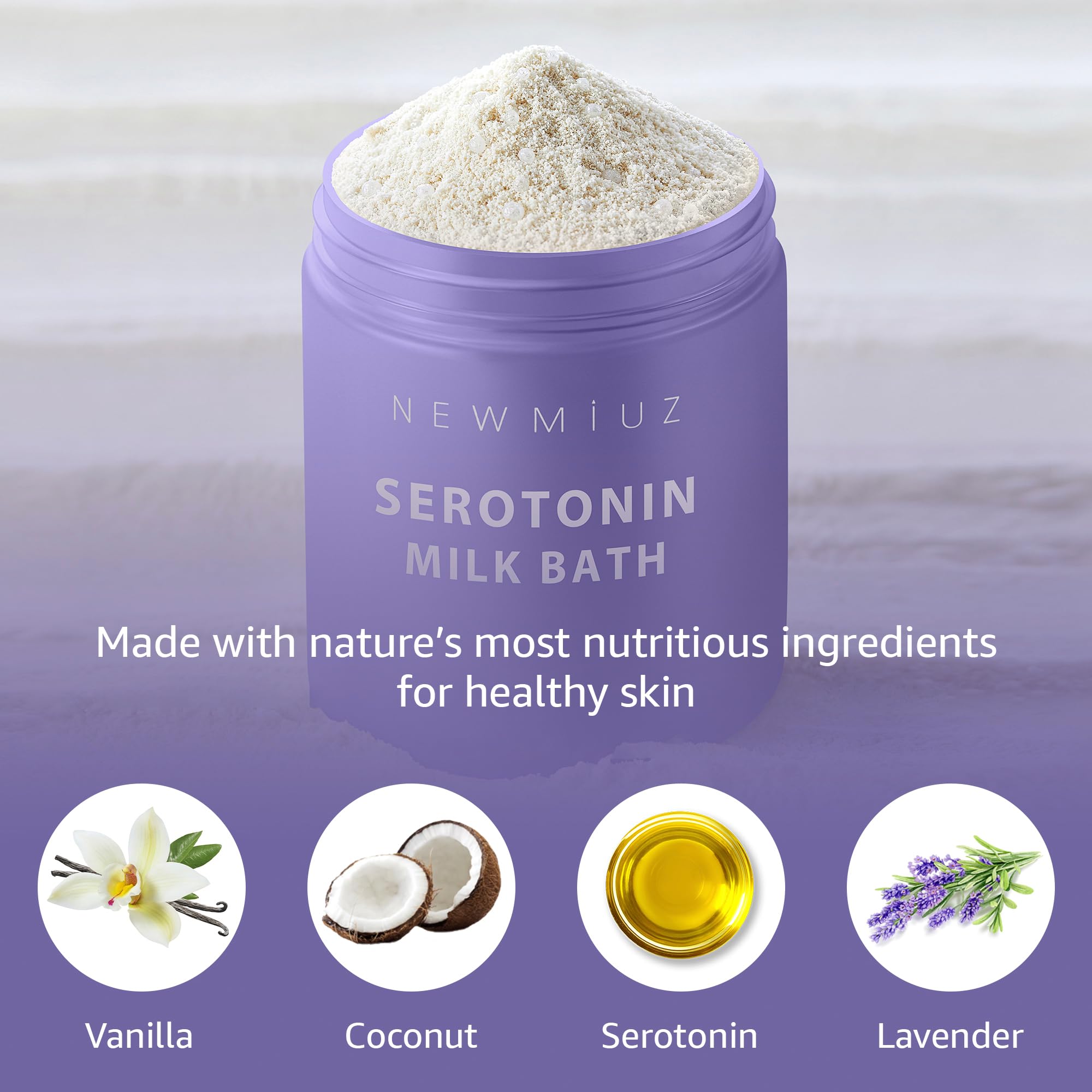 New Miuz creamy coconut lavender milk bath texture highlights soothing aroma for relaxation