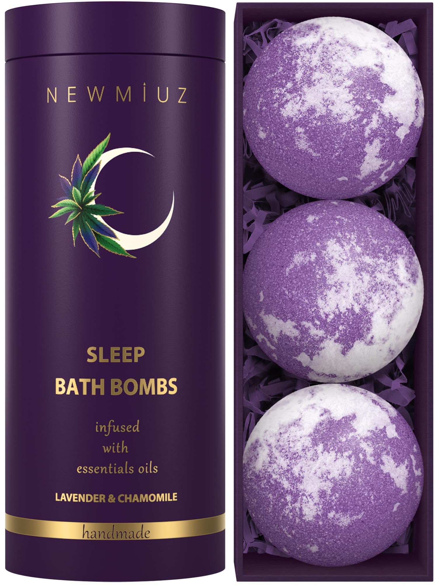 New Miuz Deep Sleep Bath Bomb Lavender Packaging highlights calming lavender for a relaxing night routine.