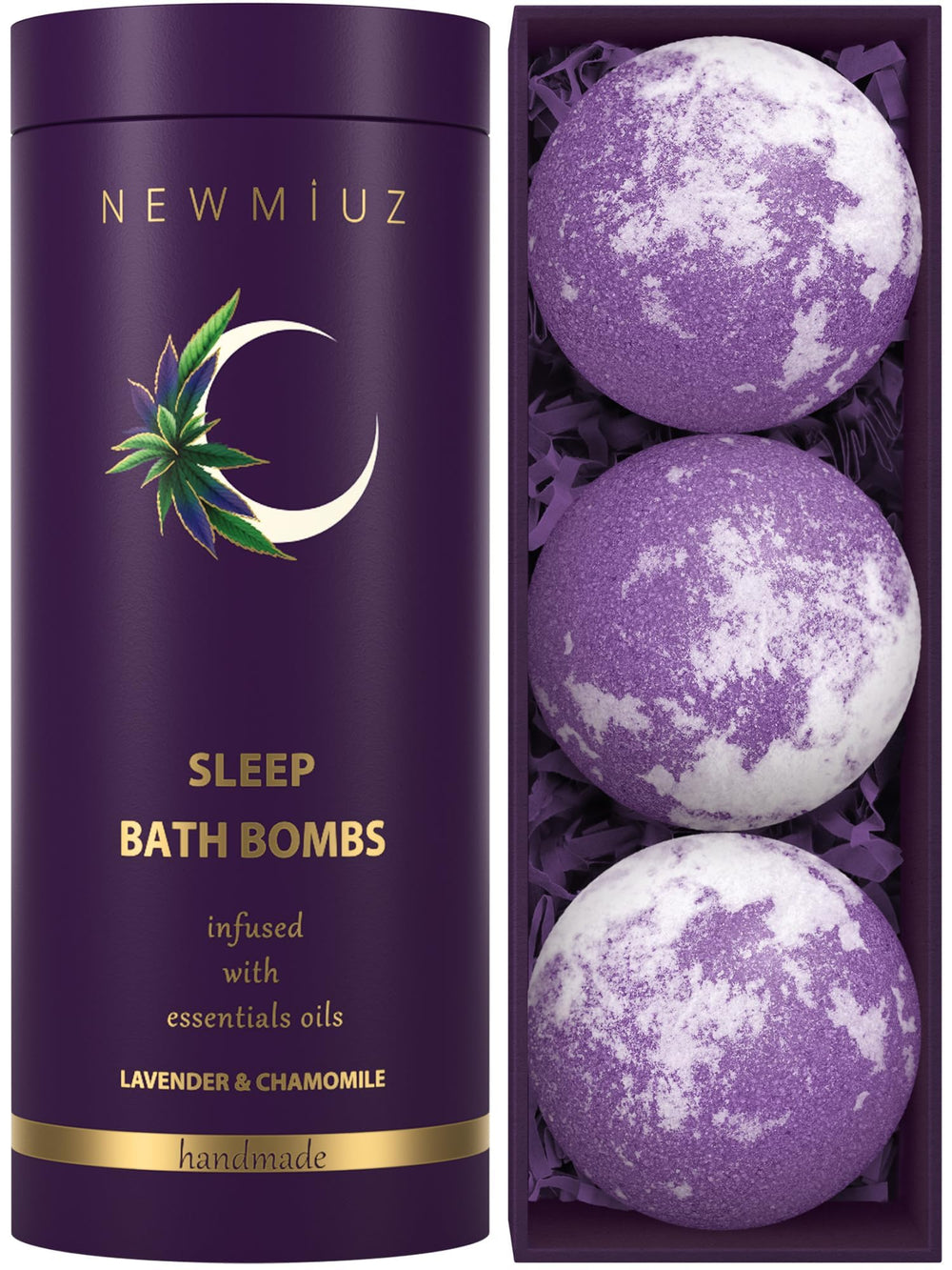 New Miuz Deep Sleep Bath Bomb Lavender Packaging highlights calming lavender for a relaxing night routine.