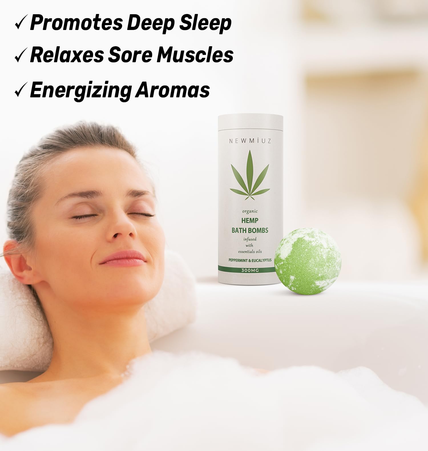 New Miuz hemp-infused bath bomb with shea butter and Epsom salts.