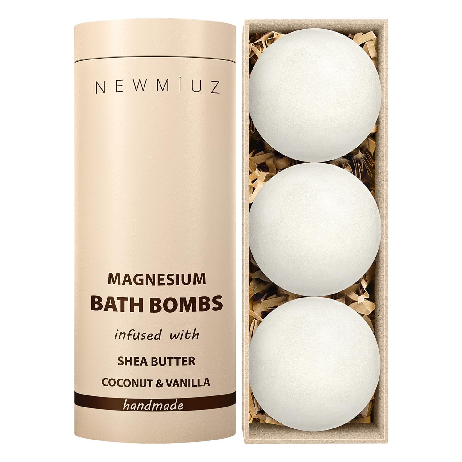New Miuz magnesium bath bomb vanilla closeup highlights a relaxing aroma.