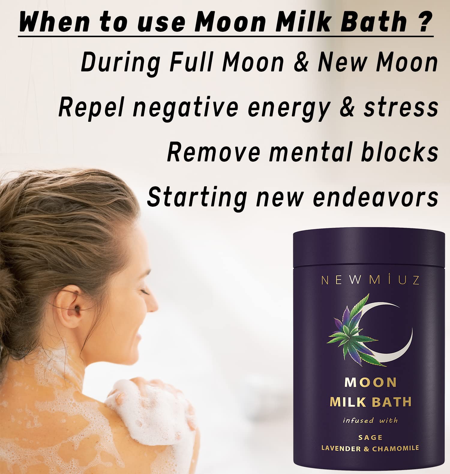 New Miuz moon bath lavender chamomile closeup promoting tranquility.