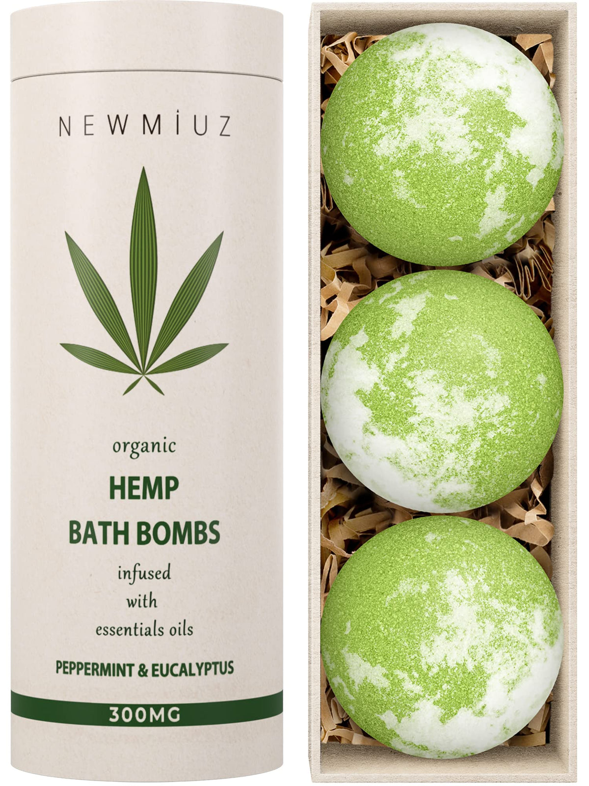 New Miuz peppermint eucalyptus bath bomb close-up showing refreshing aroma.