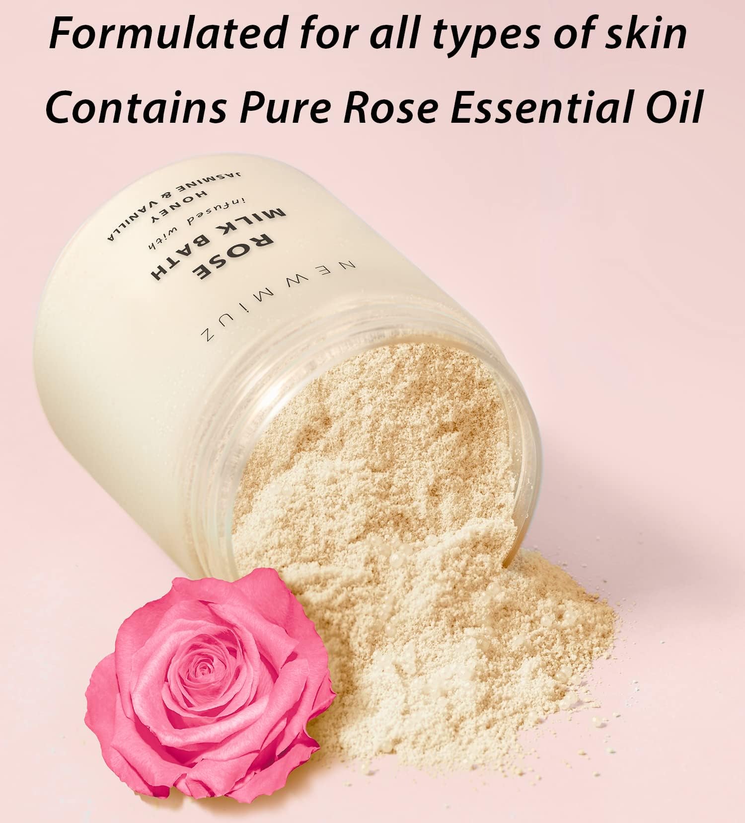 New Miuz rose milk bath petals close-up highlights natural nutrients.