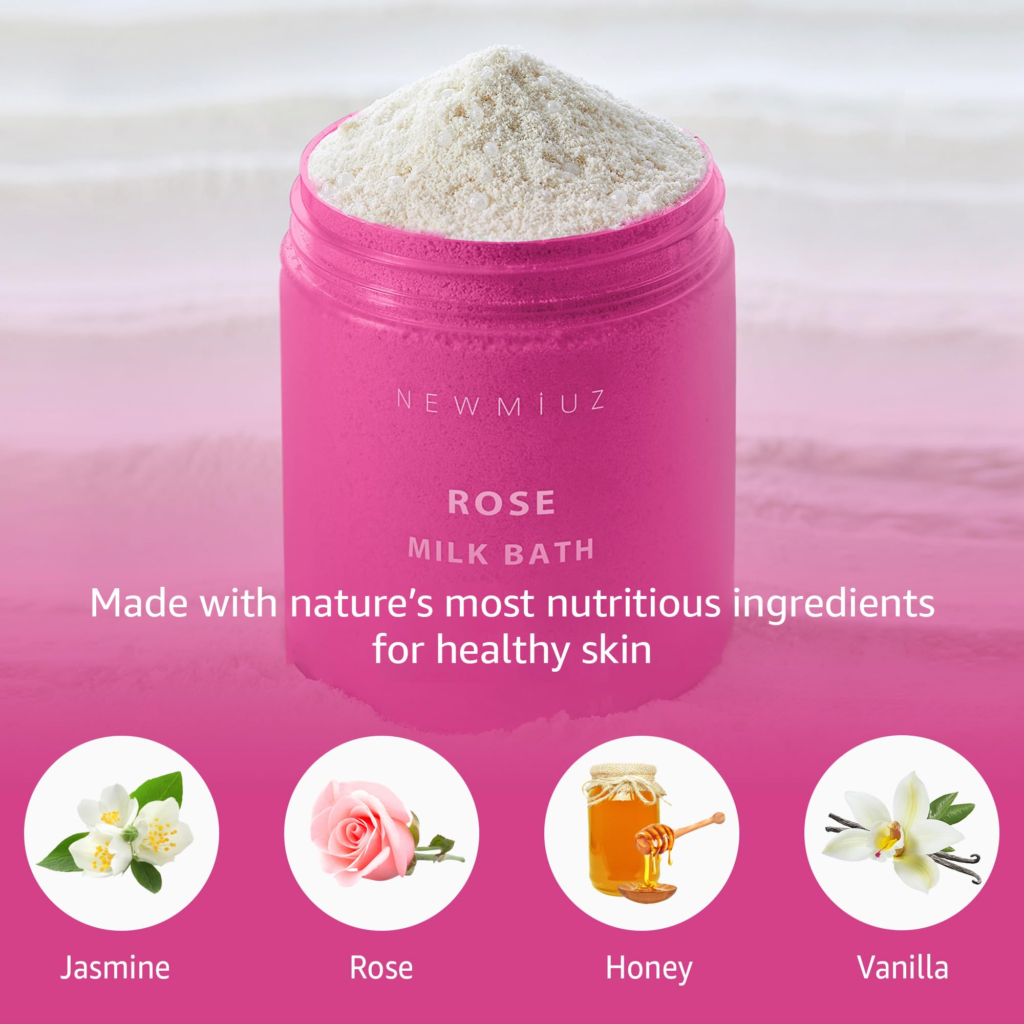 New Miuz rose milk bath swirling water reveals milky hydration.