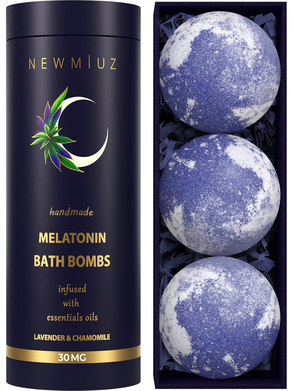 New Miuz Sleep Well bath bombs packaging with lavender, a calming self-care ritual.