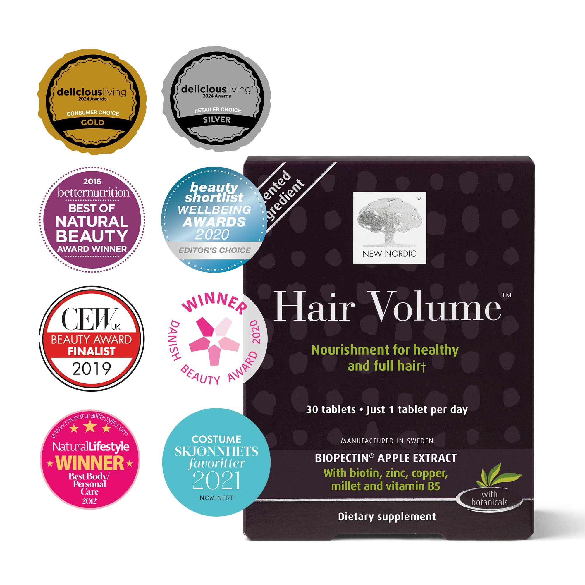New Nordic Hair Volume Tablets bottle back highlights clean ingredients and allergen-free benefits