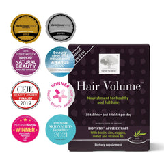 New Nordic Hair Volume Tablets bottle back highlights clean ingredients and allergen-free benefits