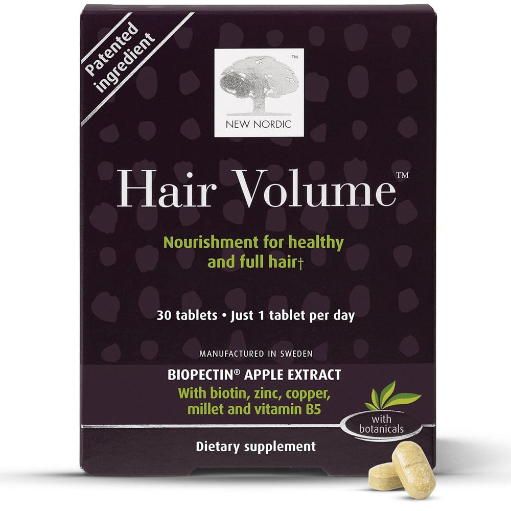 New Nordic Hair Volume Tablets bottle front shows sleek packaging for daily hair health support