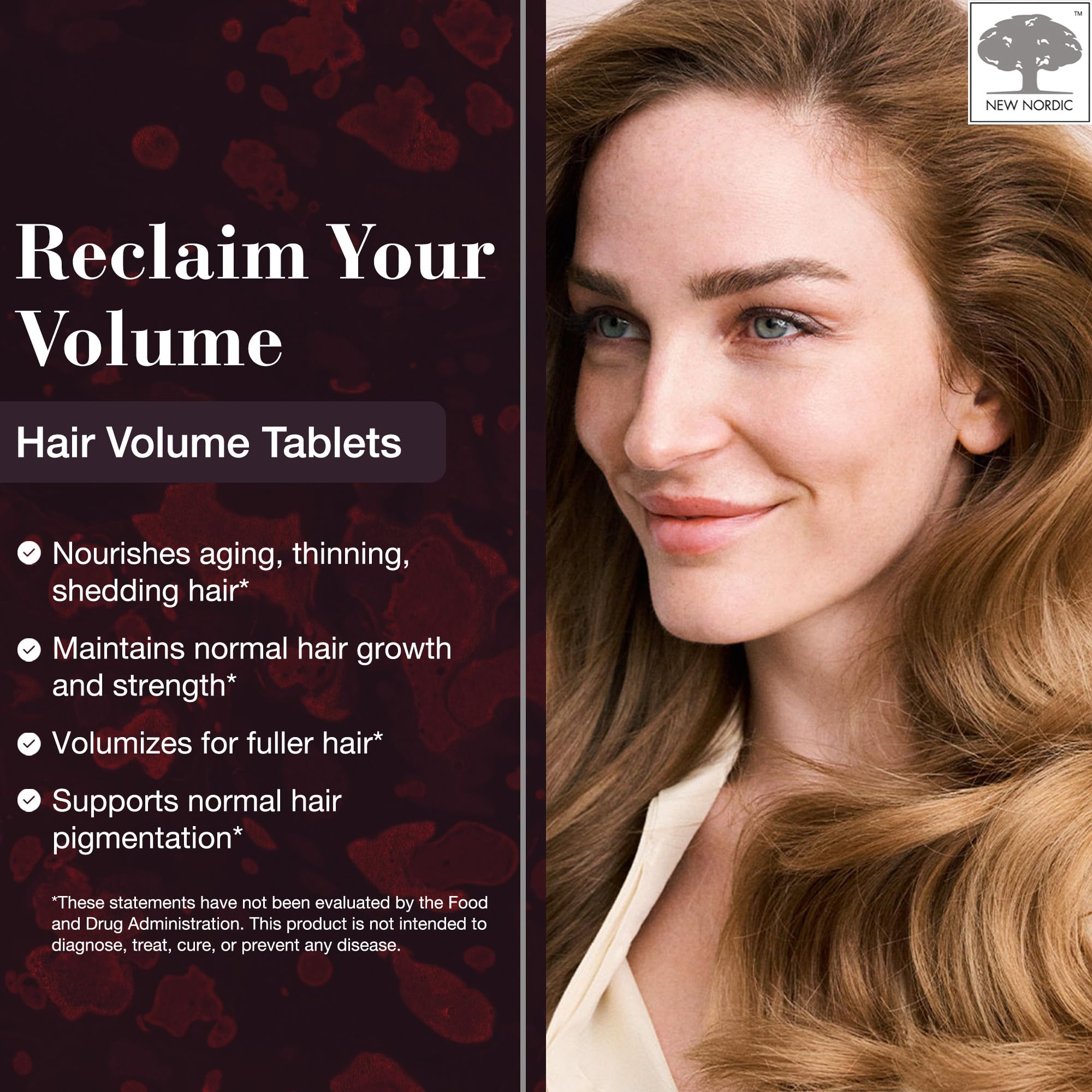 NEW NORDIC Hair Volume Tablets label closeup highlighting Biotin benefits