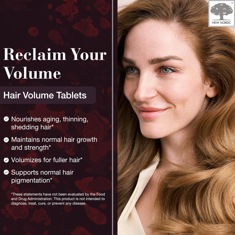 NEW NORDIC Hair Volume Tablets label closeup highlighting Biotin benefits
