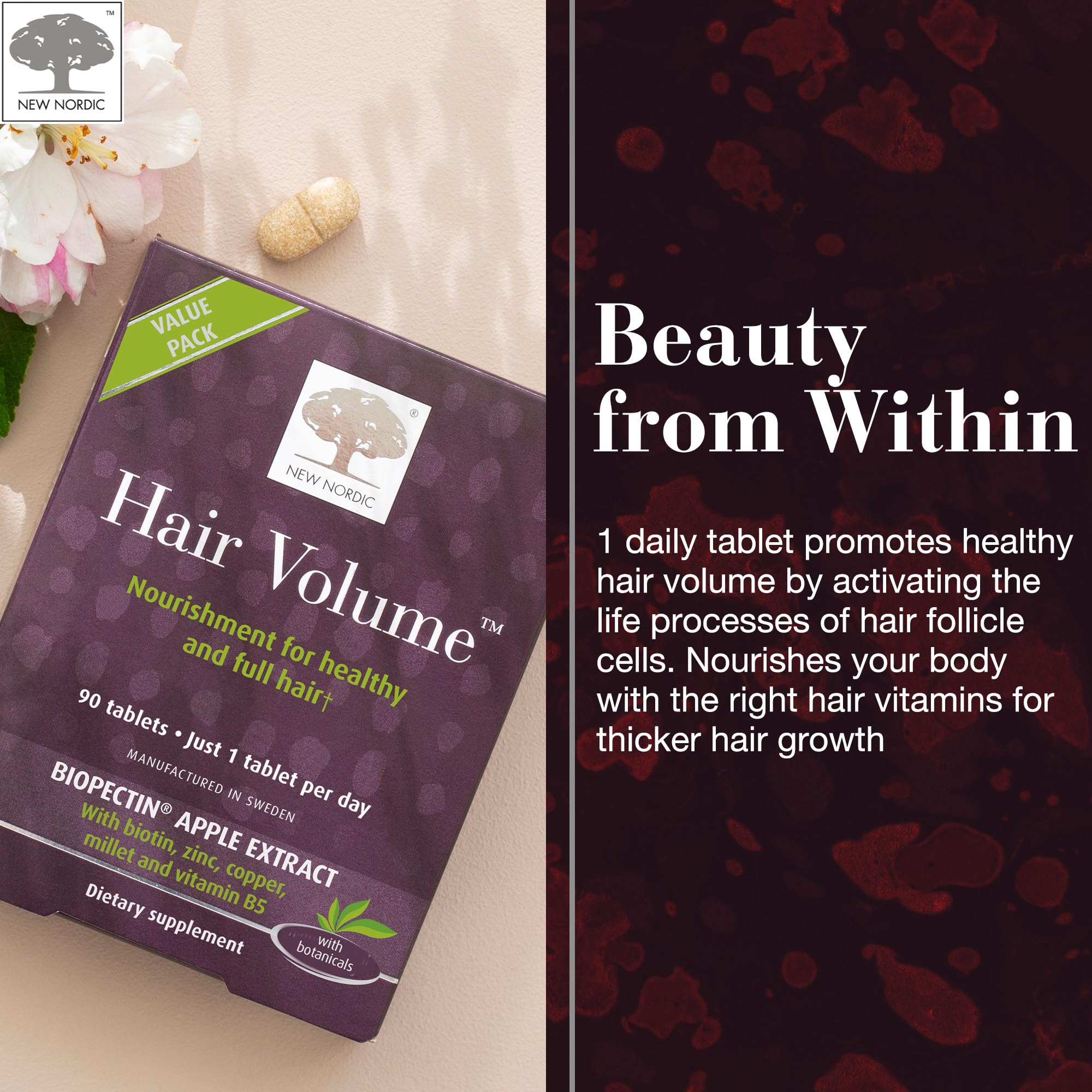 NEW NORDIC Hair Volume Tablets packaging box with Nordic design