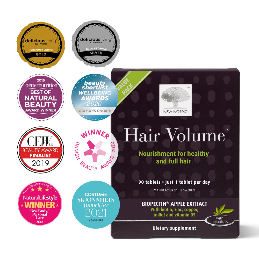 NEW NORDIC Hair Volume Tablets pour action showing simple daily intake