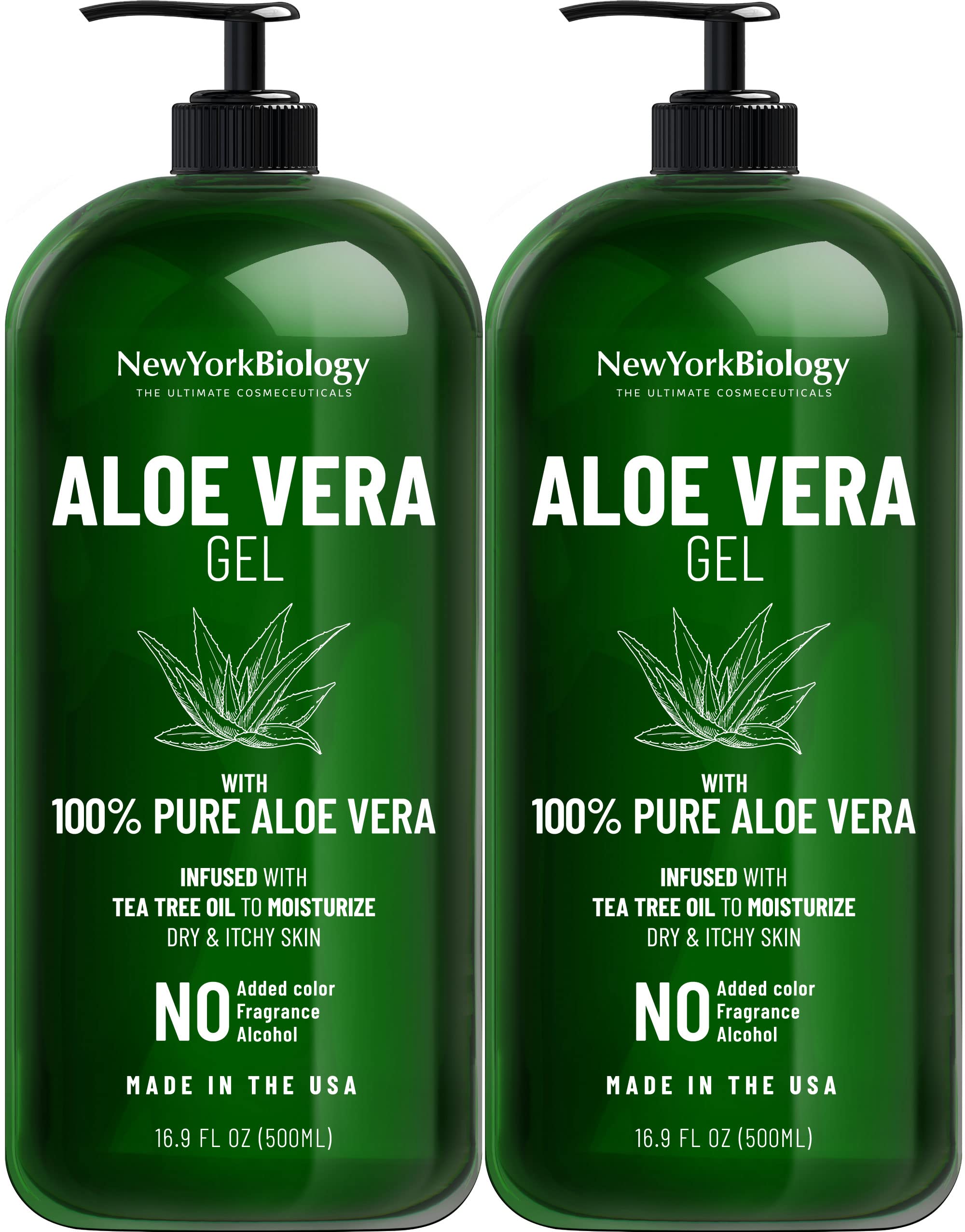 New York Biology Aloe Vera Gel bottle close-up for skin hydration and soothing relief.
