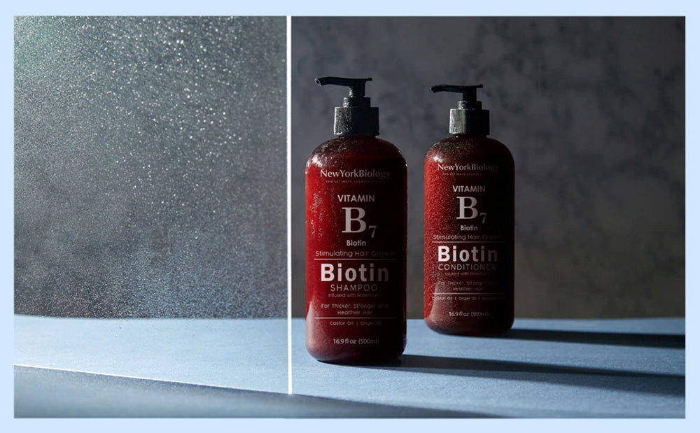 New York Biology Biotin Conditioner scalp-cleanse close-up shows residue removal for healthier roots.