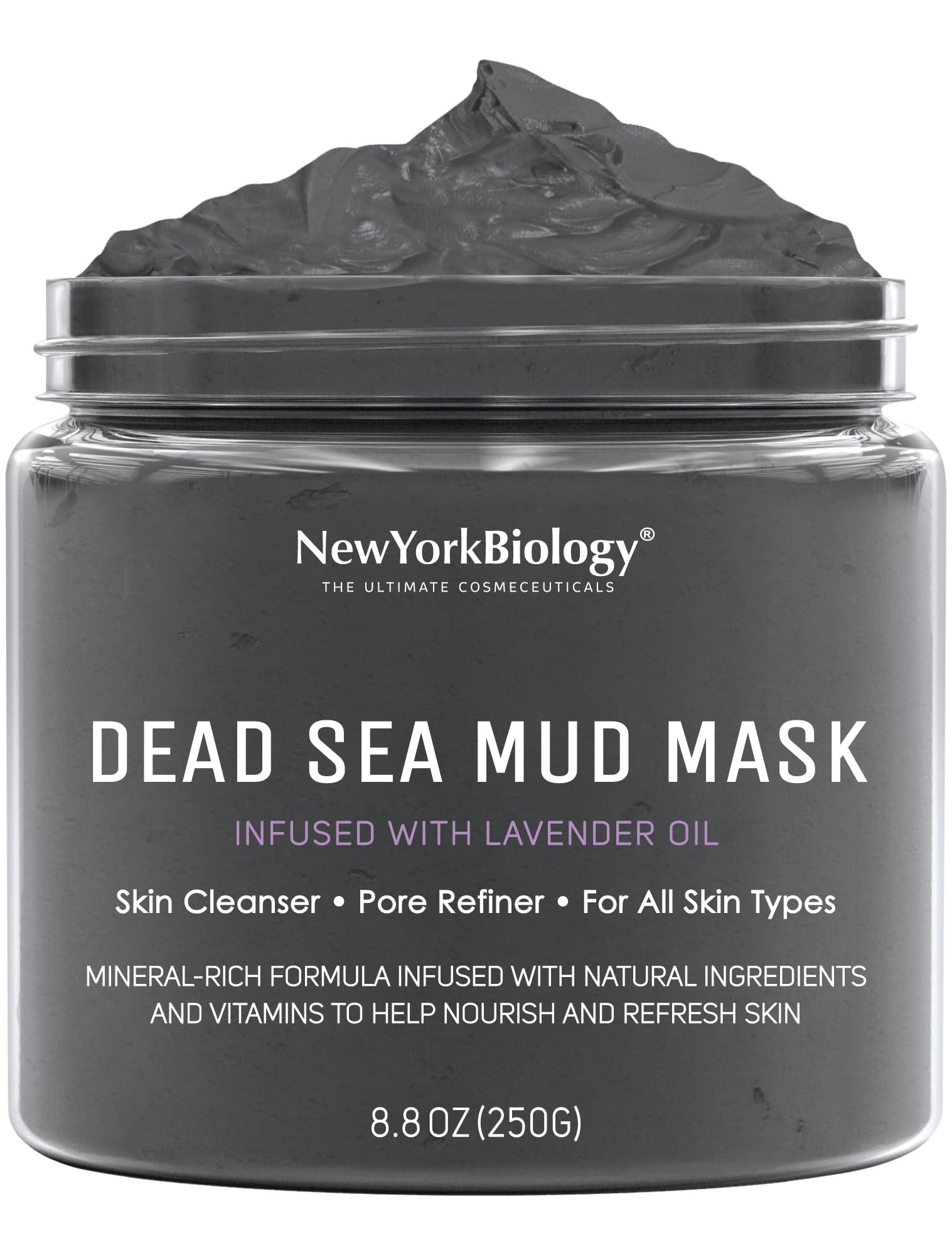 New York Biology Dead Sea Mud Mask lavender close-up highlights purifying mineral cleanse.